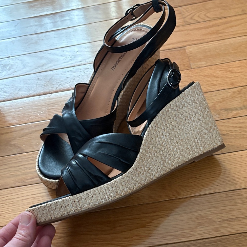 Johnston & Murphy Black Leather Espadrille Wedges with Ankle Strap - Picture 9 of 11